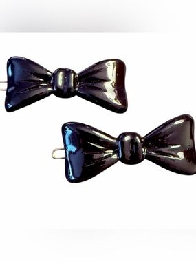 Vintage French Bow Barrettes Hair Clips in Shiny Black, 1.75”, Deadstock/Unworn